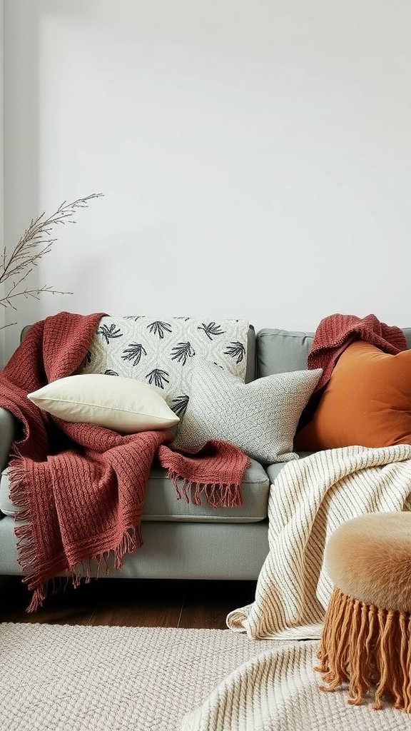 A cozy living room setup featuring a sofa with layered textiles, including throws and cushions in warm colors.