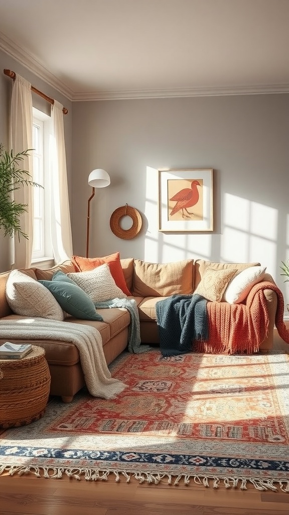 Cozy living room with layered textiles, comfortable couch, and warm tones.