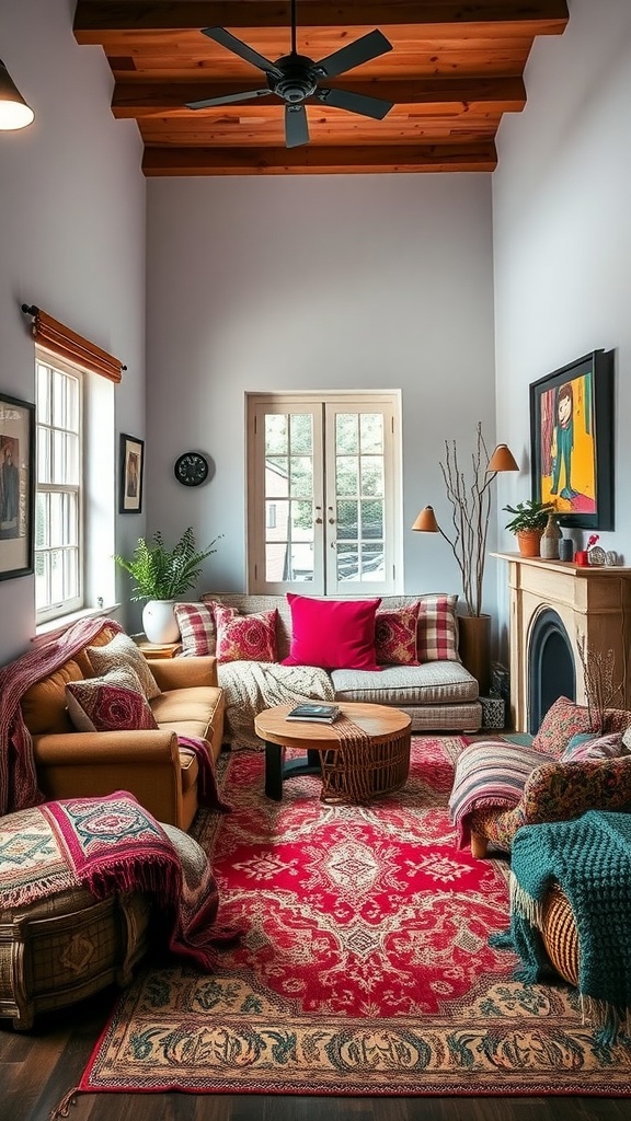 A cozy sunken living room with layered textiles including colorful pillows, throws, and patterned rugs.