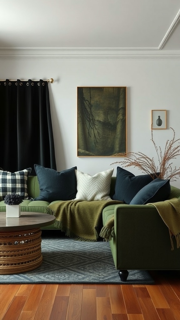 A cozy living room featuring a green couch layered with various pillows and a throw, complemented by black curtains and a woven coffee table.