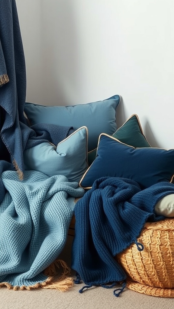 A cozy setup featuring layered blue textiles, including blankets and pillows, on a sofa with a wicker basket.