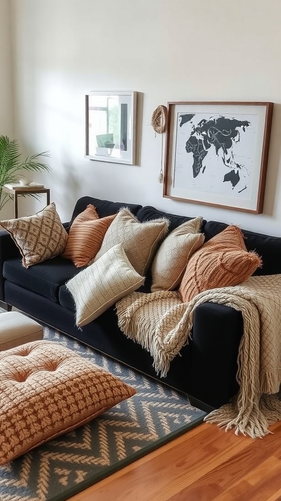 A cozy living room featuring a black couch adorned with various textured pillows and throws, complemented by a patterned rug and wooden accents.