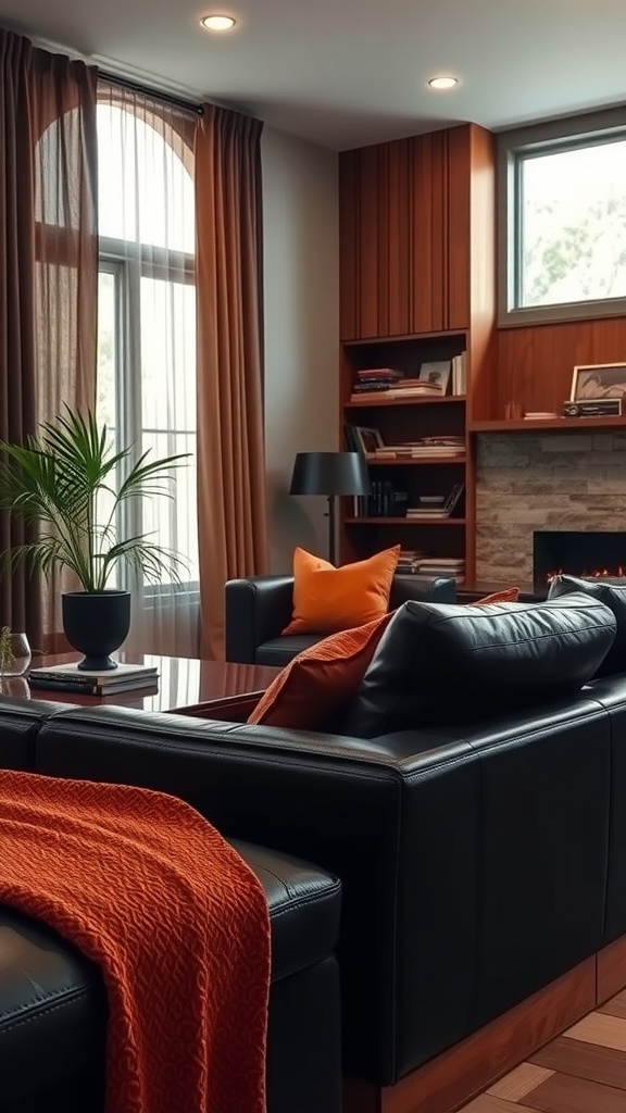 A cozy living room featuring a black leather sofa with a burnt orange throw, natural light from a window, wooden shelves, and a potted plant.