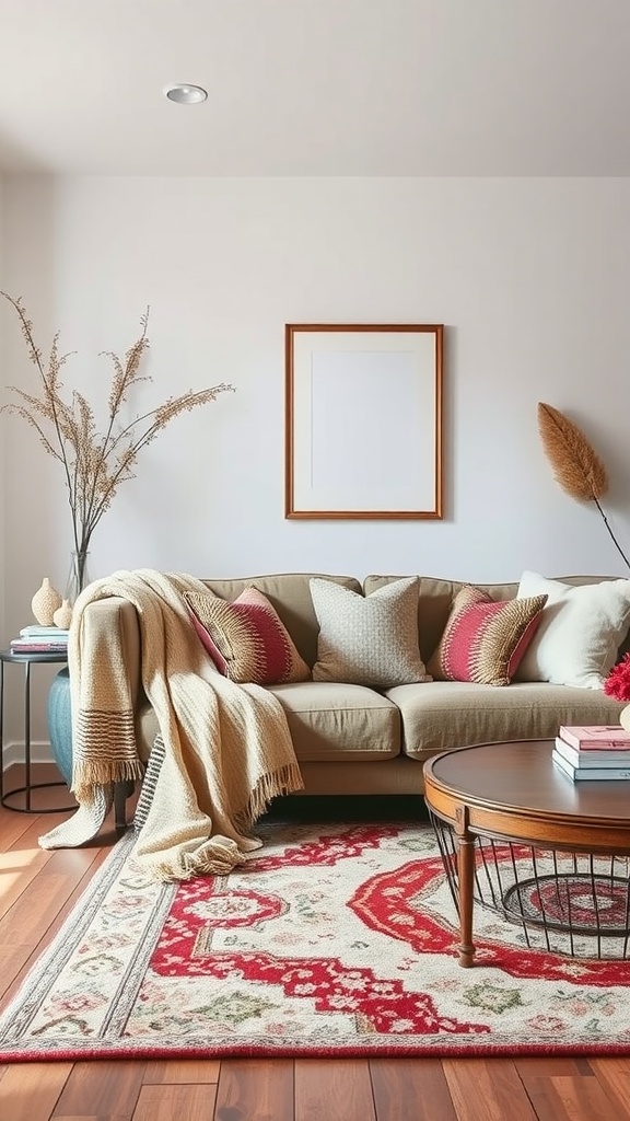 A modern rustic living room featuring a beige couch with colorful pillows, a patterned area rug, and decorative plants.