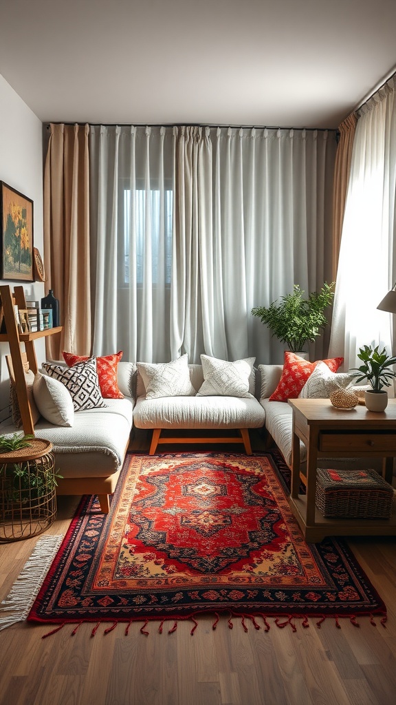 Small living room with layered textures, featuring a white sofa, colorful cushions, intricate rug, and decorative plants.