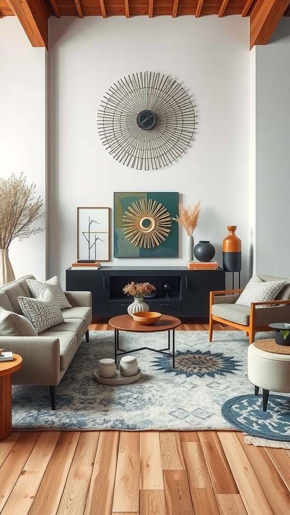 A modern living room featuring layered textures with soft sofas, a wooden coffee table, decorative vases, and a patterned rug.