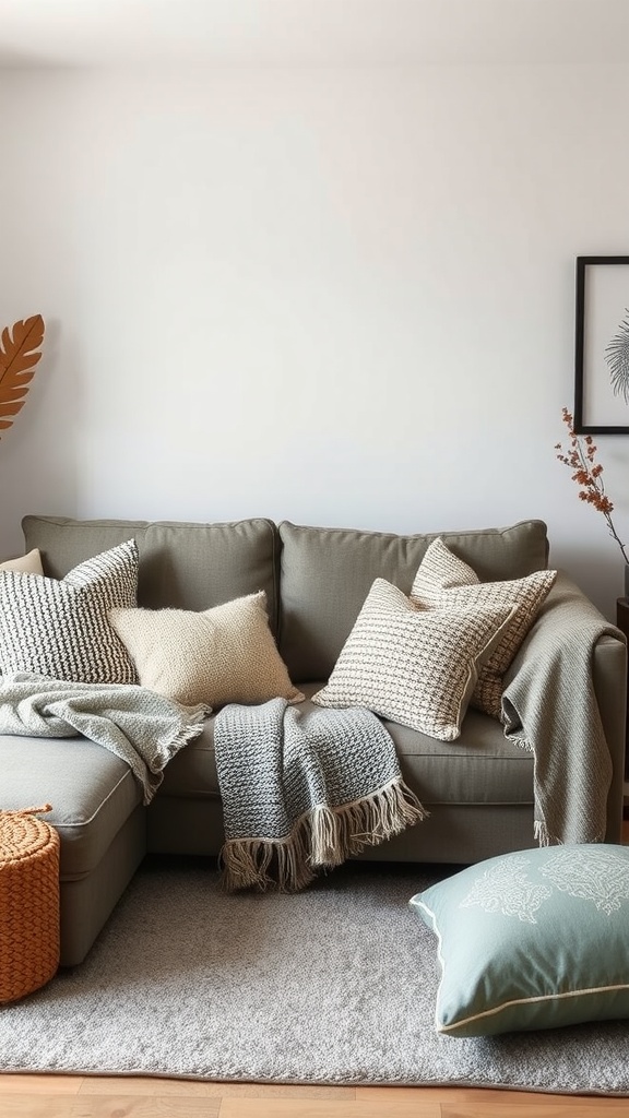 A grey couch with various textured pillows and blankets, creating a cozy and inviting living room space.