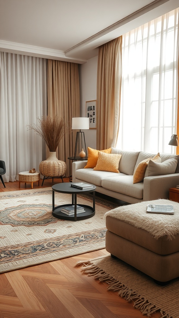 A cozy living room featuring a soft sofa, layered textures with cushions, a patterned rug, and natural light filtering through curtains.