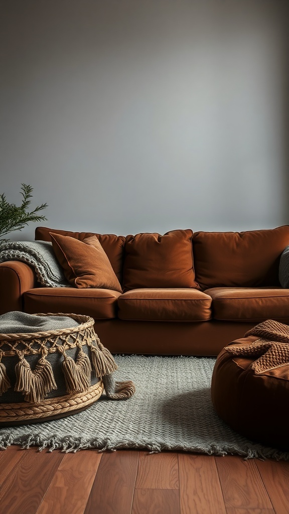 A cozy living room featuring a brown couch with layered textures, a woven pouf, and a soft rug.