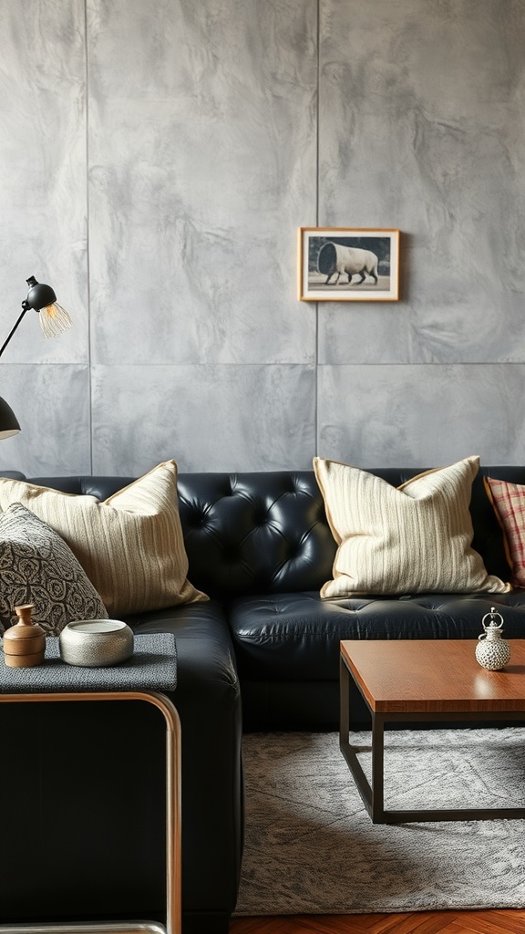 A stylish living room featuring a black leather sofa with patterned cushions, a wooden coffee table, and textured wall.