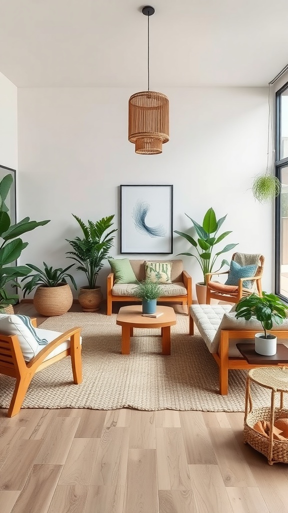 A modern boho living room with layered textures, natural light, plants, and wooden furniture.