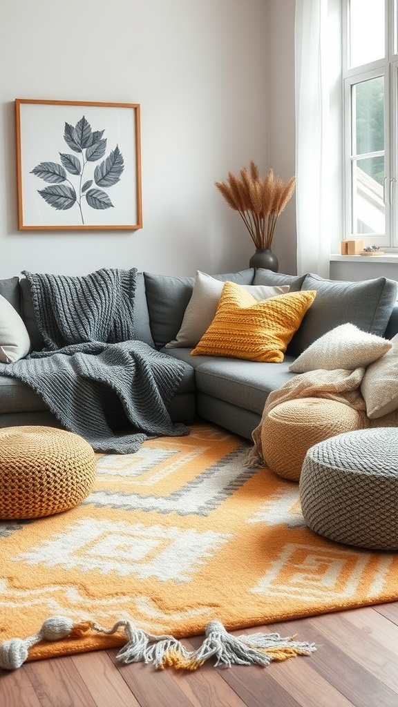 A cozy living room featuring a grey sofa with yellow pillows, a patterned orange rug, and various textured elements.