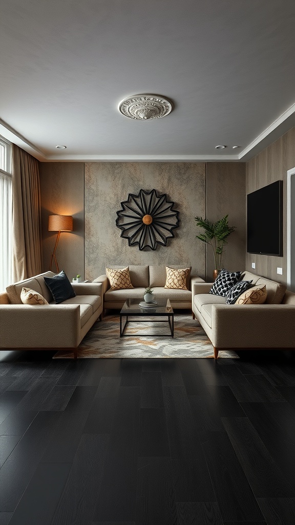 A cozy living room with layered textures, featuring black flooring, light-colored sofas, patterned pillows, and a decorative area rug.