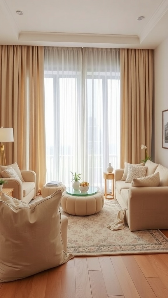 A cozy beige living room featuring plush furniture, layered textures, and natural light.