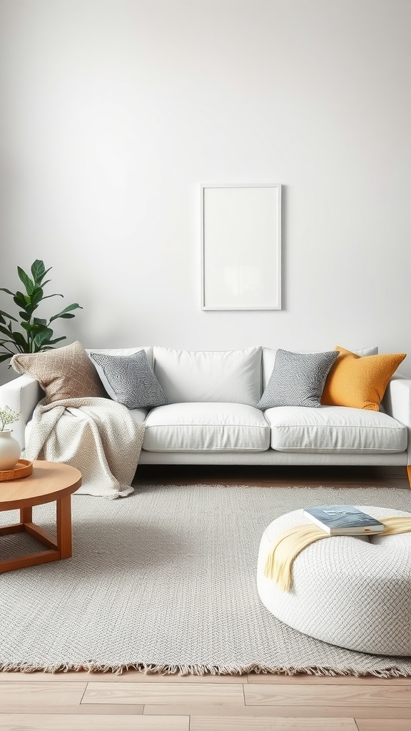 A stylish white living room featuring a white couch with various textured cushions and a knitted throw, complemented by a wooden coffee table and a soft rug.