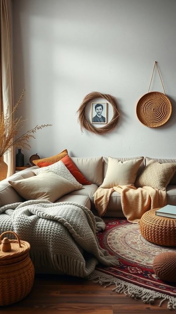 A cozy living room featuring a beige couch with layered pillows and throws, woven baskets, and a decorative rug.