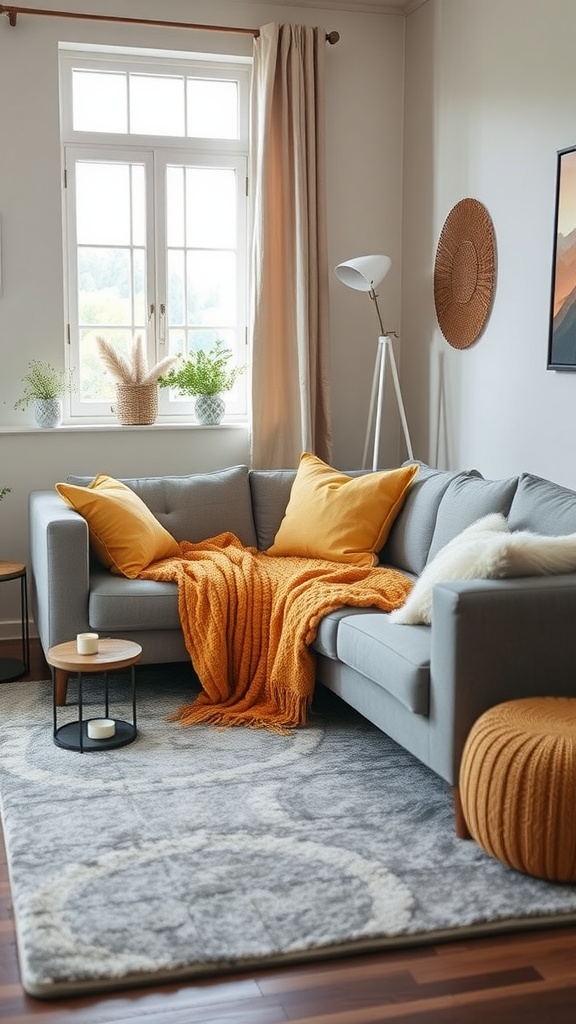 A cozy living room featuring a grey rug, golden throws, and a grey sofa