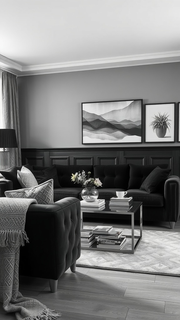 A stylish black and white living room featuring layered textures with a black sofa, decorative pillows, a glass coffee table, and abstract wall art.