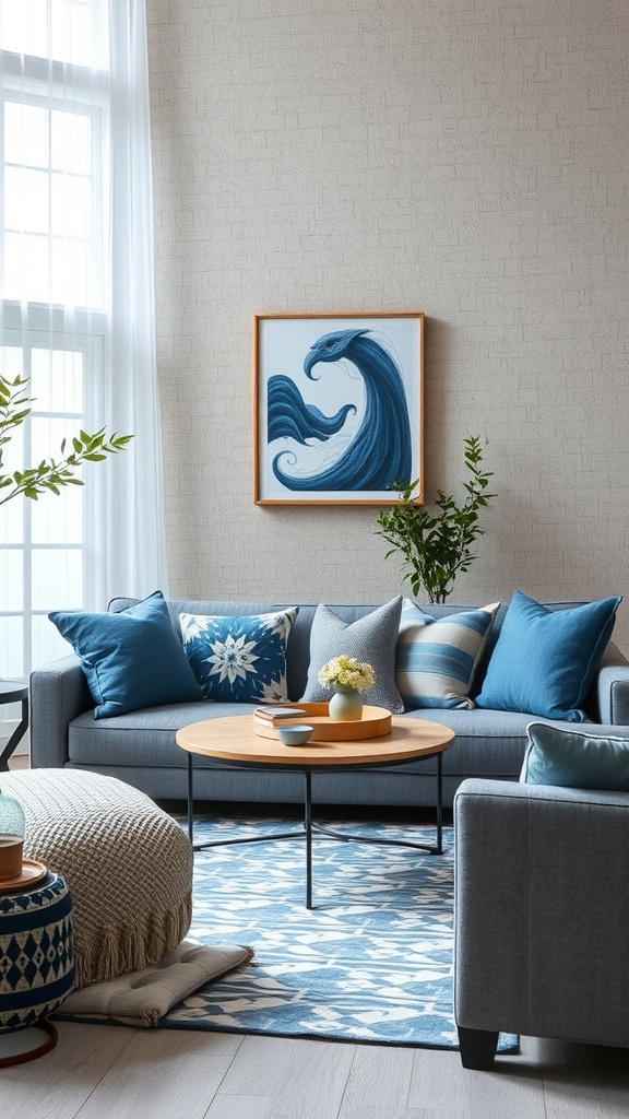 A cozy living room featuring a gray couch with blue and patterned cushions, a round wooden coffee table, and a blue and white patterned rug.