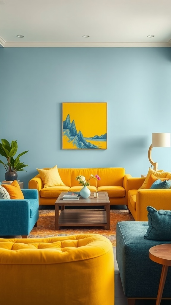 A living room featuring blue and yellow sofas, a wooden coffee table, and colorful artwork on the wall.