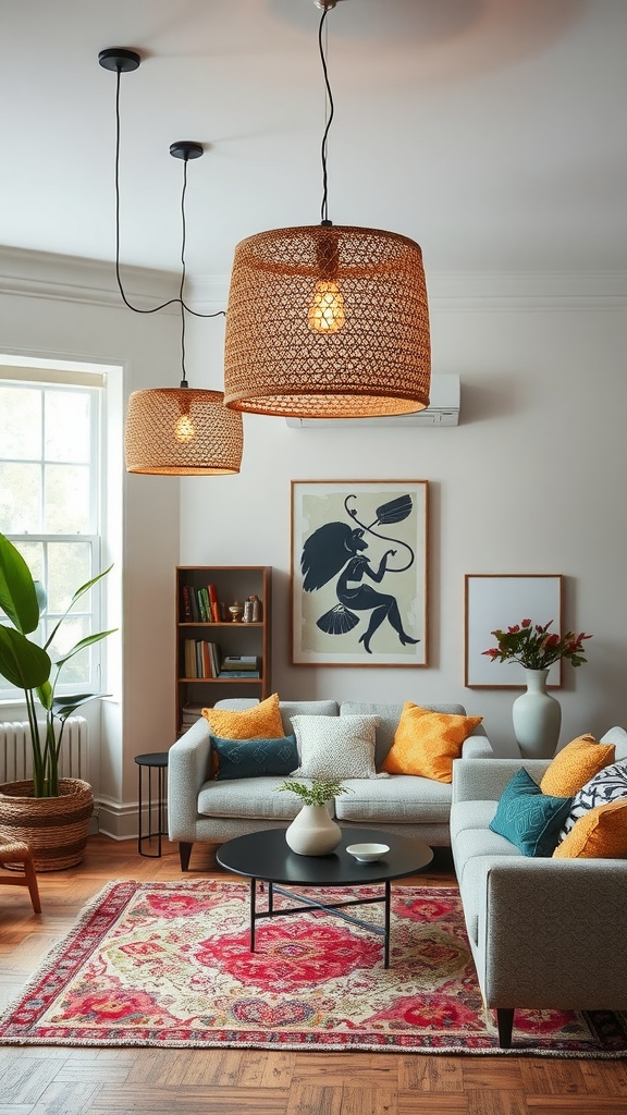 Living room featuring layered textures in light fixtures with woven pendant lights