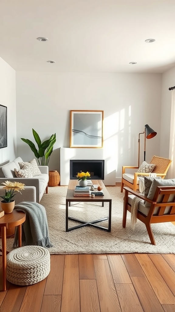 A midcentury modern living room featuring layered textures in neutral tones with a cozy aesthetic.