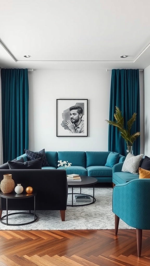 A teal and black living room featuring a sectional couch, black coffee table, and vibrant curtains.