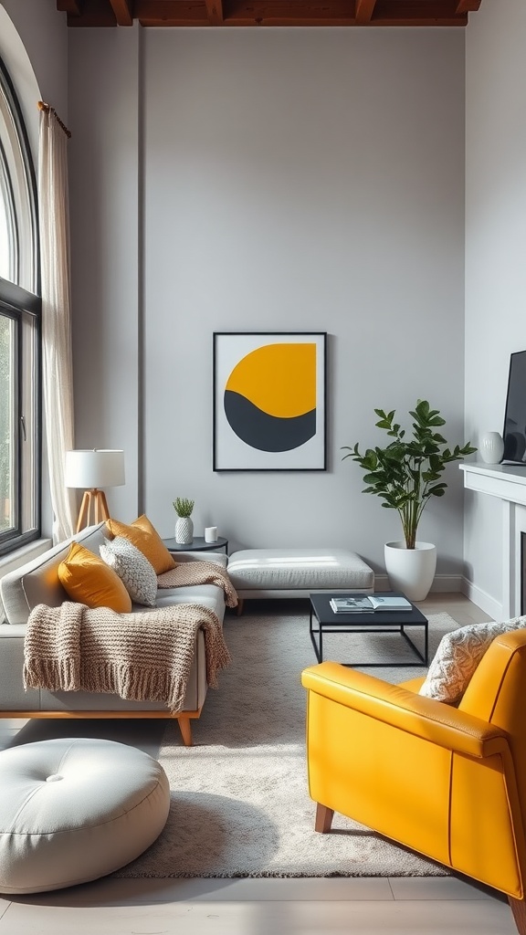 A cozy living room featuring a grey couch with yellow pillows, a yellow chair, and layered textures.