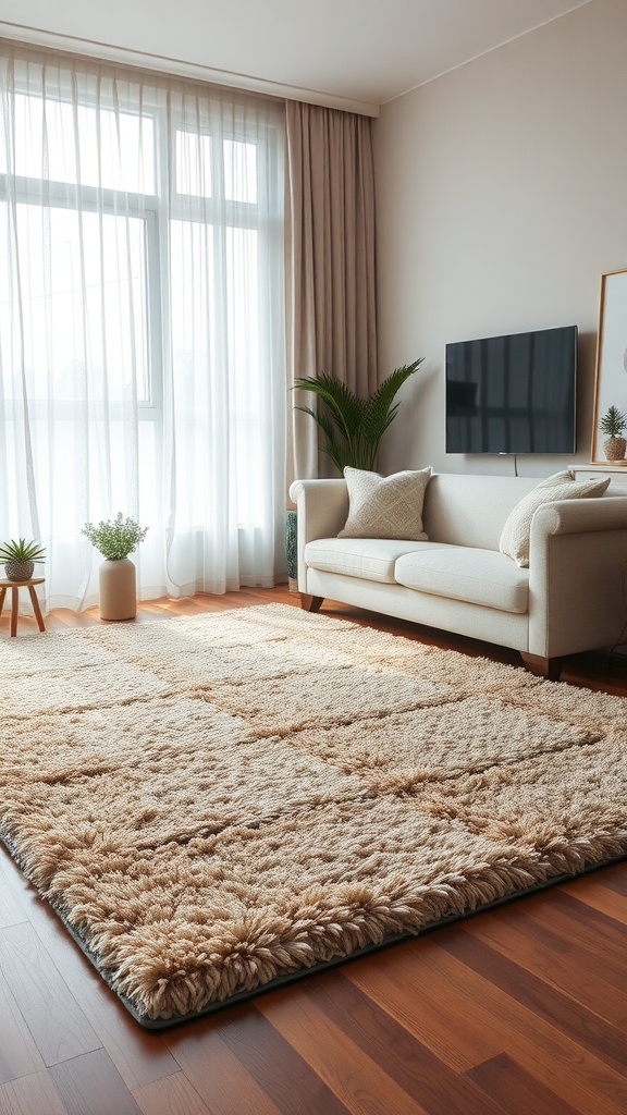 A cozy beige rug in a bright living room with a couch and plants