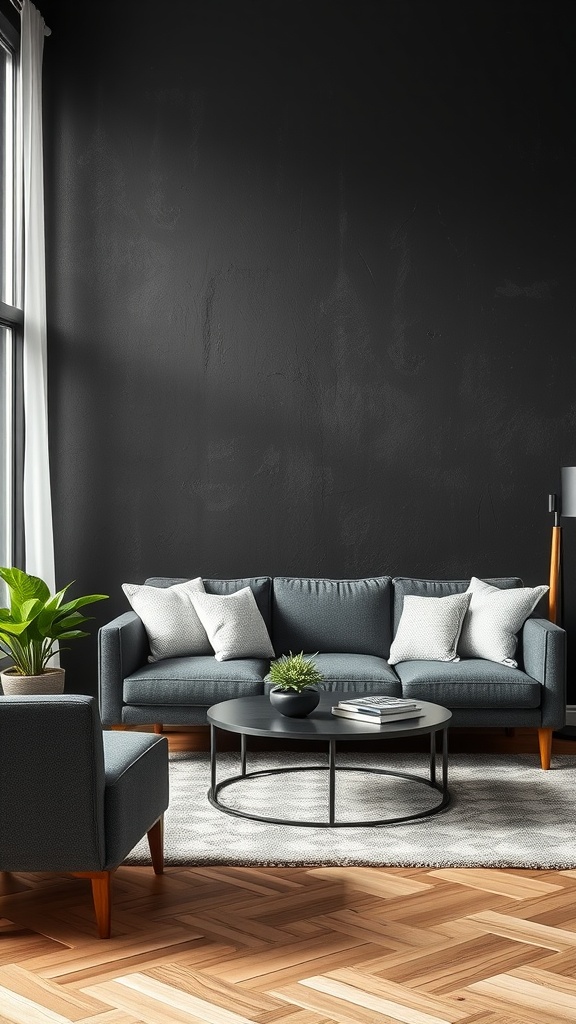 Living room with black accent wall, gray sofa, and round coffee table