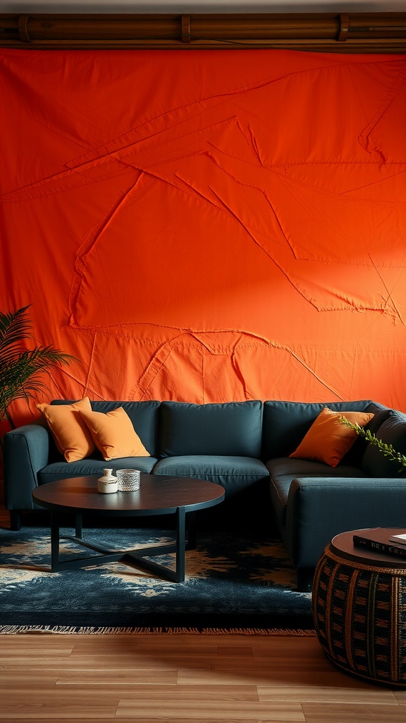 A stylish living room featuring a bold orange wall, dark blue sofa with orange cushions, a round coffee table, and a patterned rug.