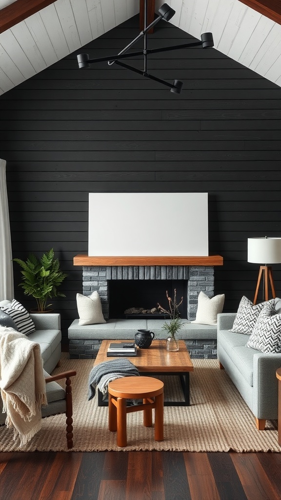 Cozy living room featuring a black shiplap wall, gray sofas, wooden coffee table, and decorative plants.