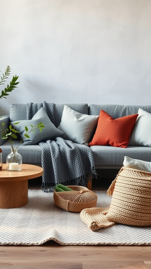 A cozy living room featuring a grey sofa with colorful pillows, a wooden coffee table, and layered textures.