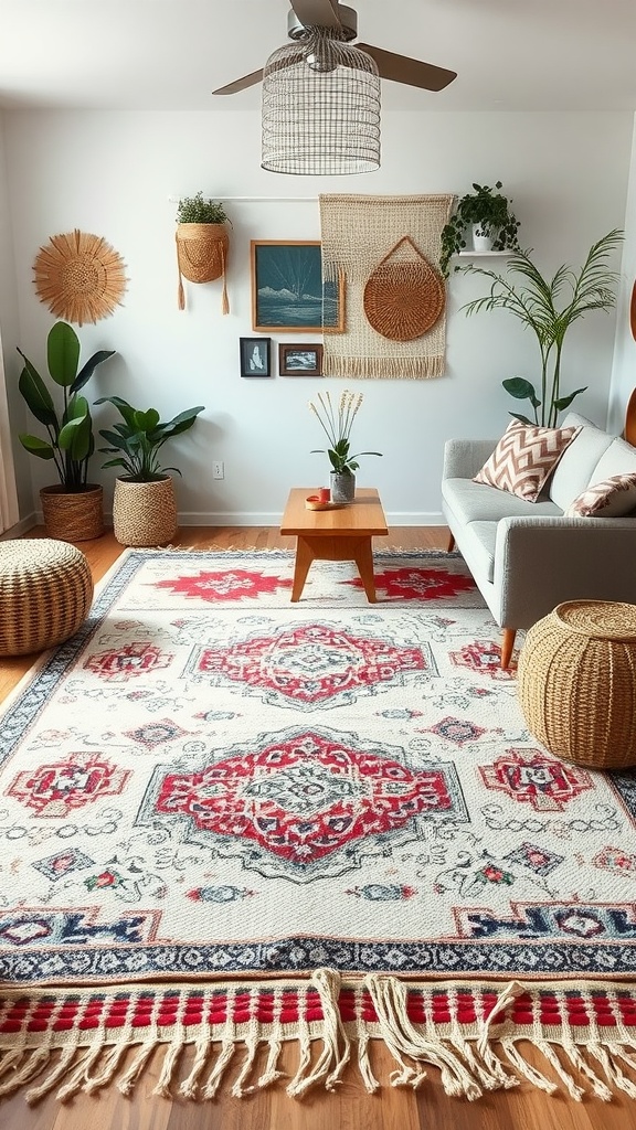 A modern boho living room featuring a layered rug, plants, and woven decor.