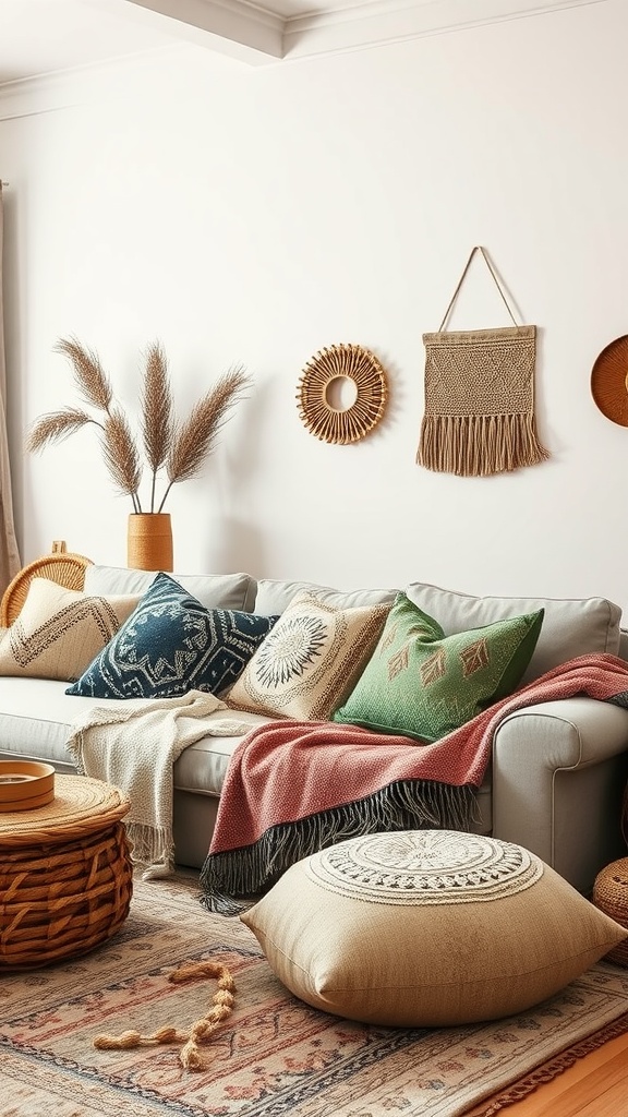 A cozy modern boho living room with a sofa layered with colorful cushions and throws.