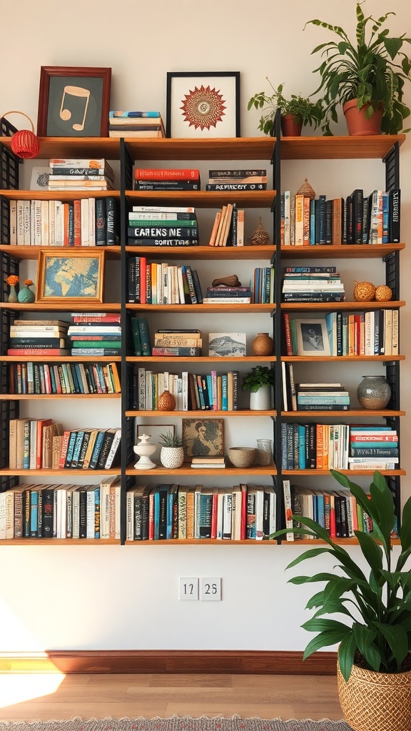 A layered wall shelf displaying books, plants, and decorative objects, creating a warm and inviting atmosphere in a boho living room.