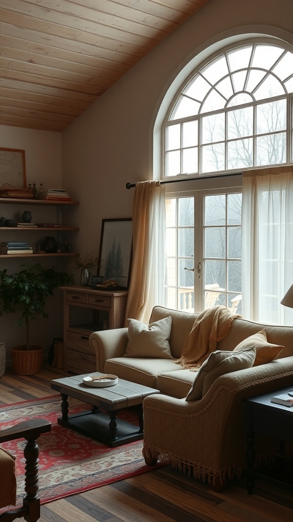 A rustic living room featuring layered window treatments with sheer and heavier drapes, a cozy sofa, and a warm wooden ceiling.