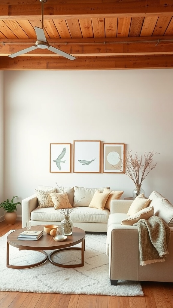 A cozy beige living room featuring a sofa with cushions, a wooden coffee table, and framed art on the wall.