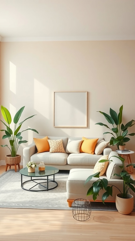 A beige living room featuring a light sofa with orange cushions, a glass coffee table, plants, and warm sunlight.