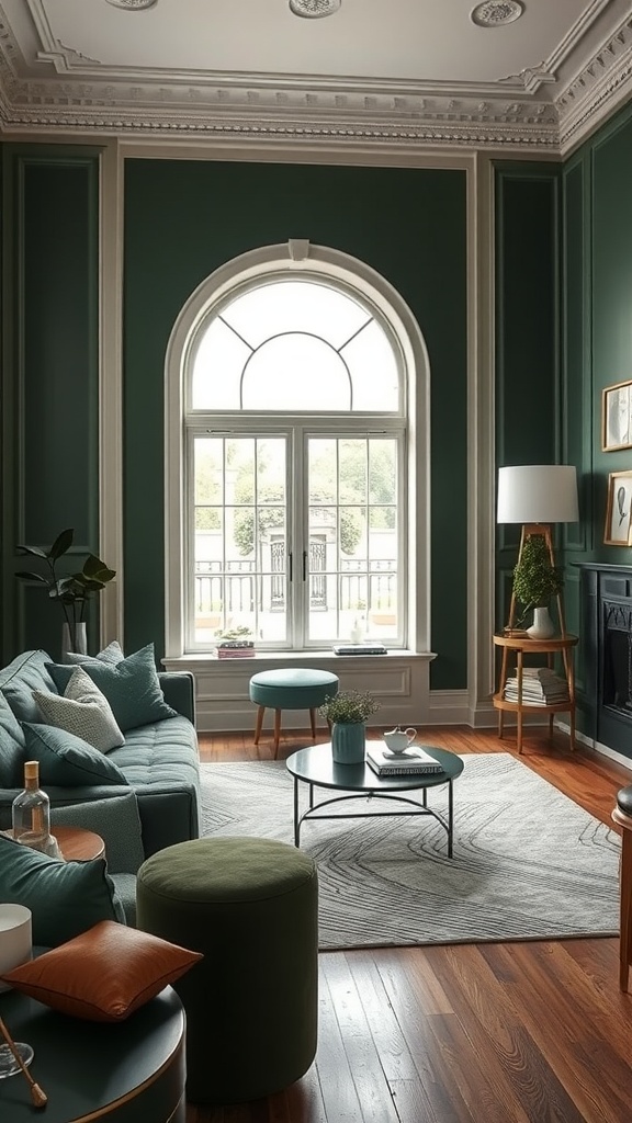 A cozy living room with dark green walls, neutral furniture, and colorful accents.