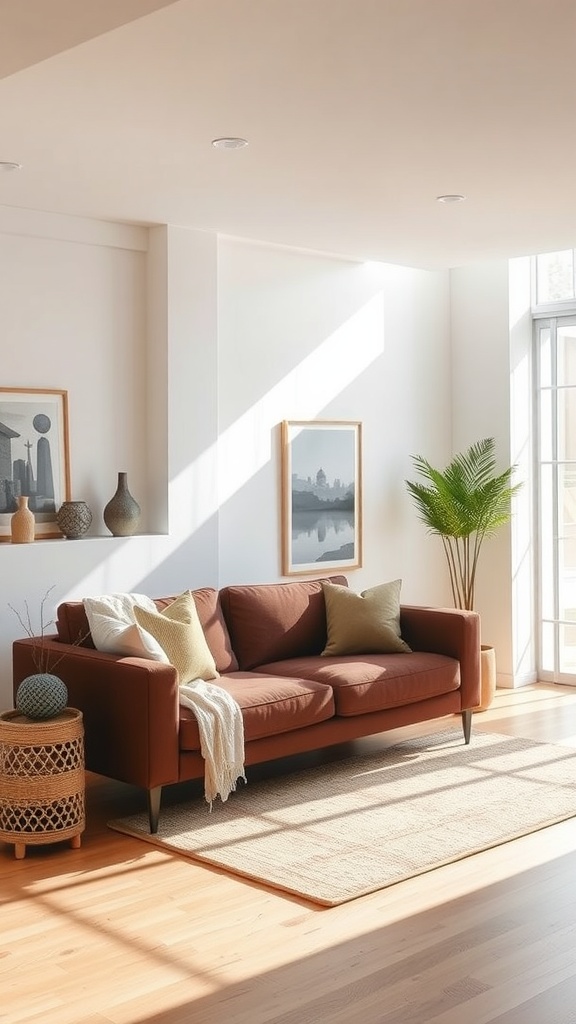 A bright and airy living room featuring a dark brown sofa with light cushions, surrounded by natural light and lush greenery.