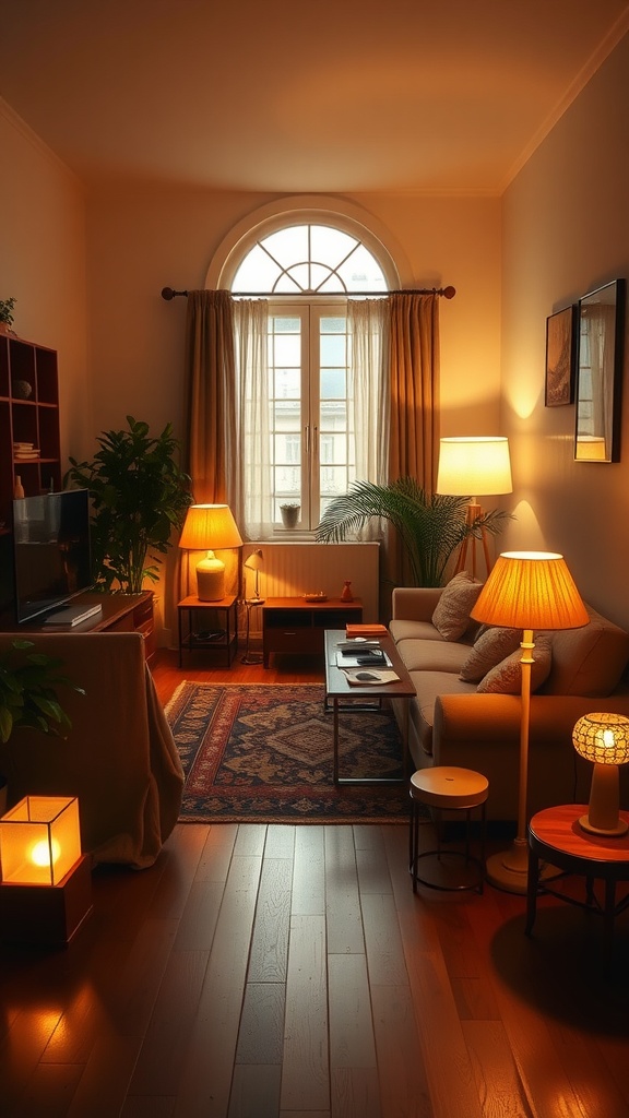 A small living room with layered lighting from floor and table lamps, creating a cozy atmosphere.