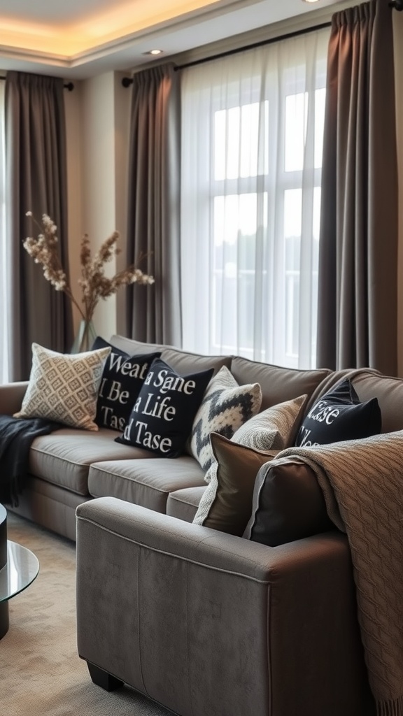 A cozy living room with a grey sofa adorned with patterned throw pillows and light curtains.