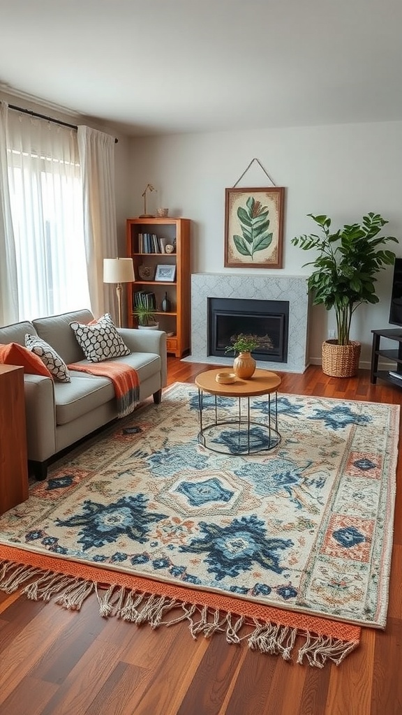 A cozy living room featuring layered rugs, with a blue and orange patterned rug on the floor, a gray sofa, and decorative plants.