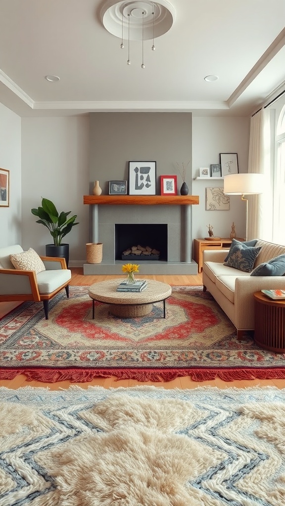 A cozy living room with layered rugs, showcasing a traditional ornate rug underneath and a soft neutral rug on top, accompanied by modern furniture.