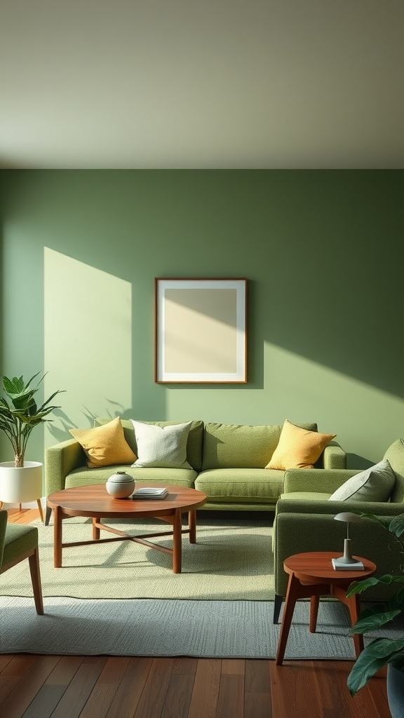 A cozy living room featuring layered shades of green with green sofas, yellow cushions, and wooden furniture.