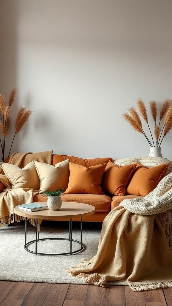 A cozy living room with a tan sofa, orange cushions, and textured throws.