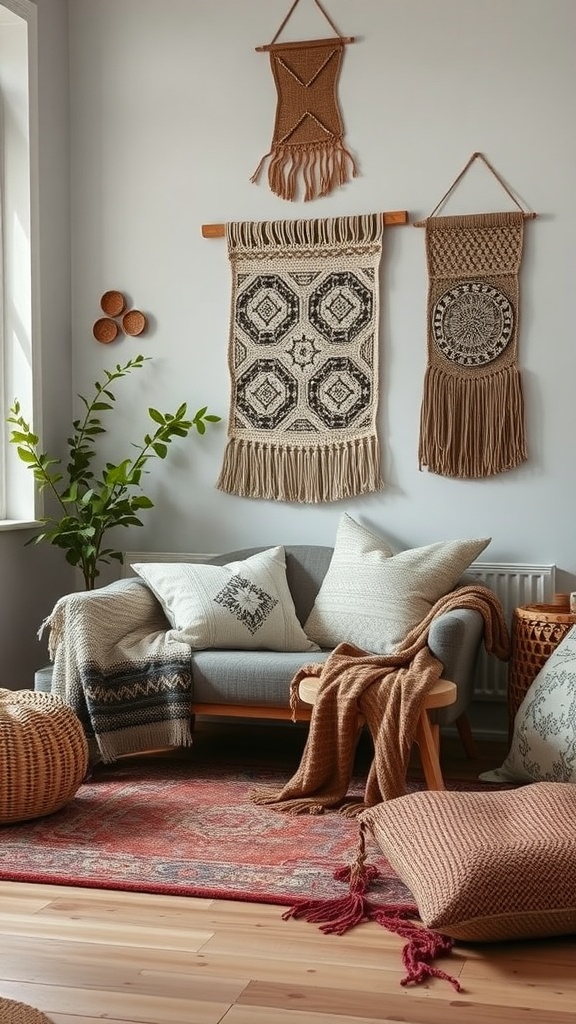 A cozy small living room with layered textures, featuring a gray sofa, knitted throws, patterned pillows, a colorful rug, and wall hangings.