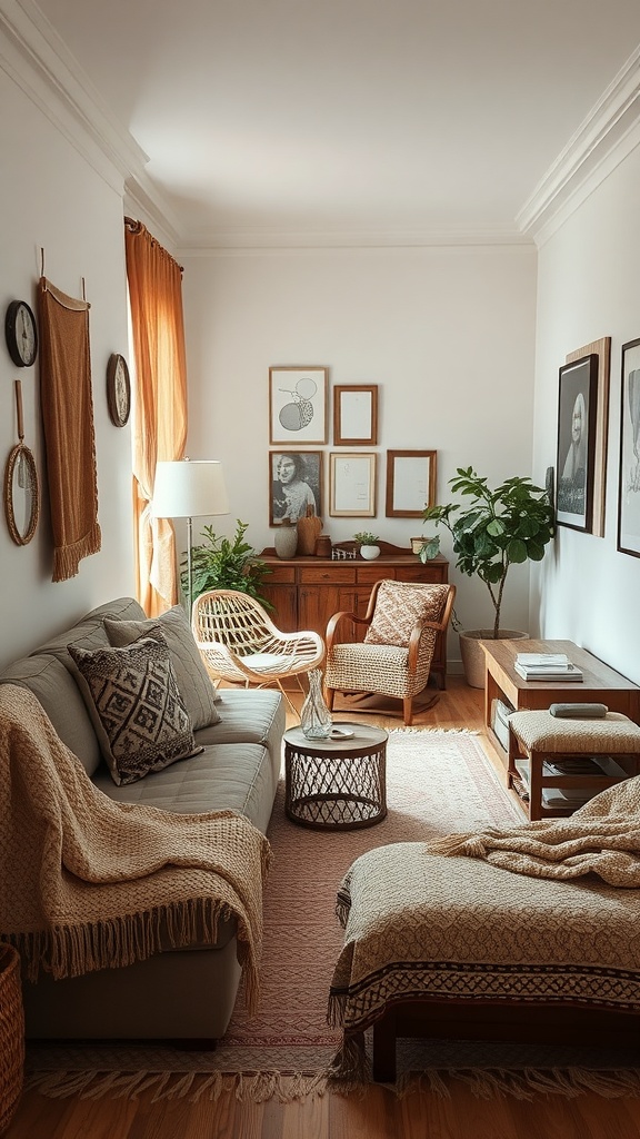 A cozy long narrow living room featuring layered textures with fabrics, including a light sofa with patterned cushions and throws, and warm wooden furniture.