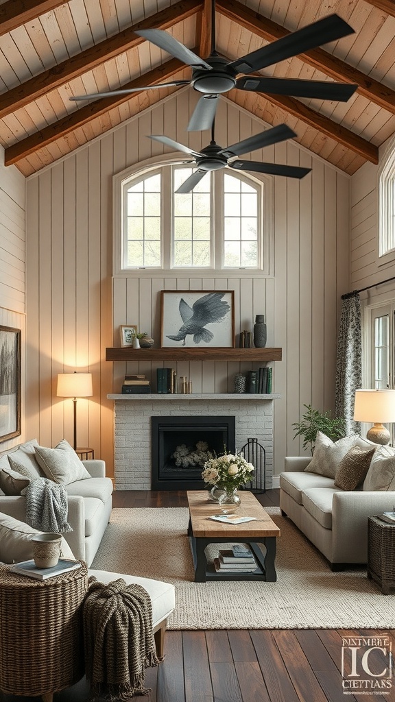 A beautifully designed farmhouse style living room with layered lighting options, featuring soft natural light and cozy lamps.